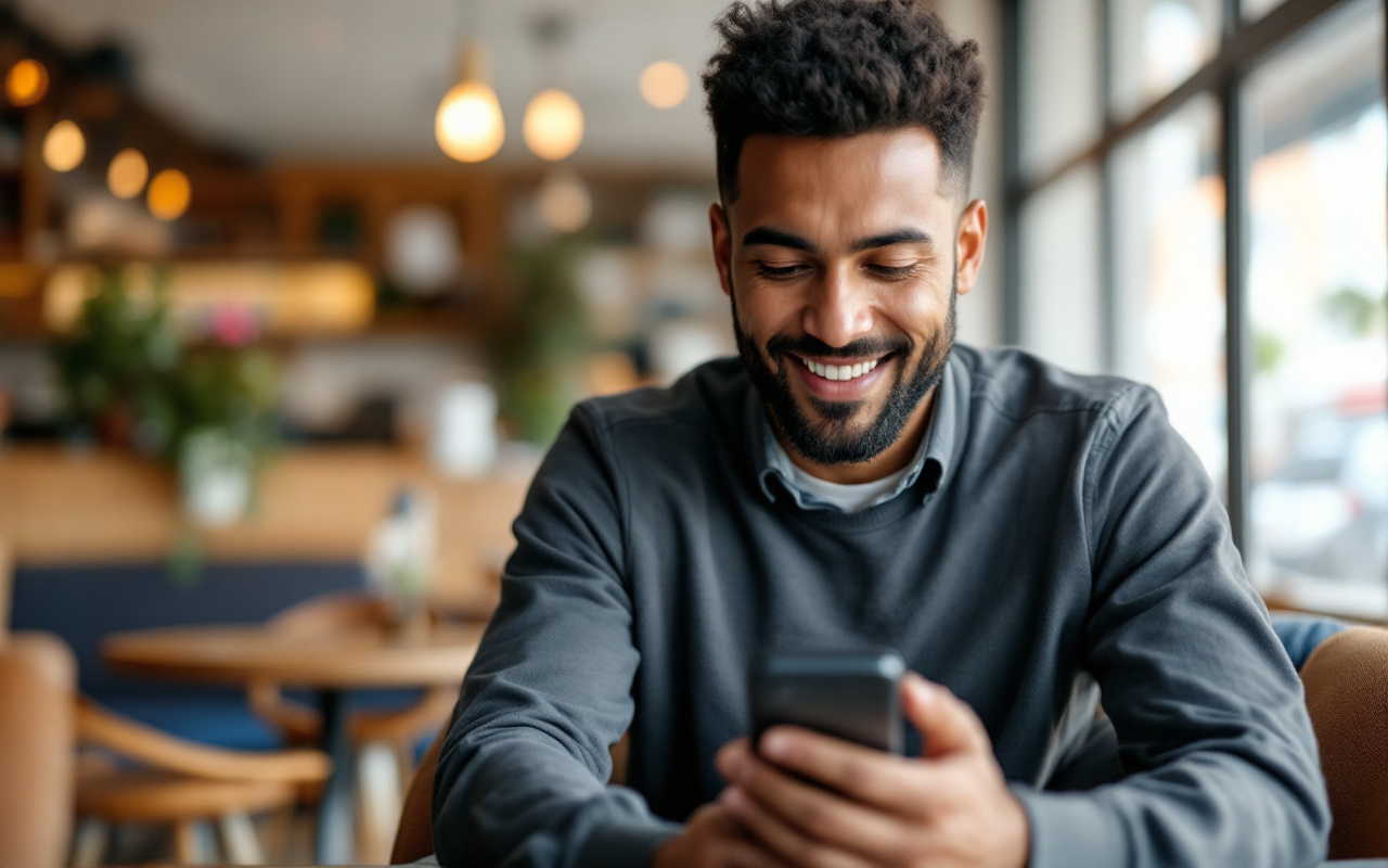Un client recevant une publicité personnalisée sur son téléphone dans un café moderne, illuminé par la lumière naturelle qui filtre à travers des grandes fenêtres.