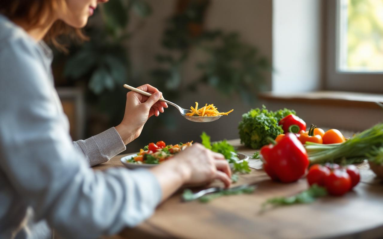 Une personne assise à une table en bois rustic, savourant un repas simple composé d'ingrédients frais, entourée de légumes colorés, dans une atmosphère chaleureuse et accueillante.