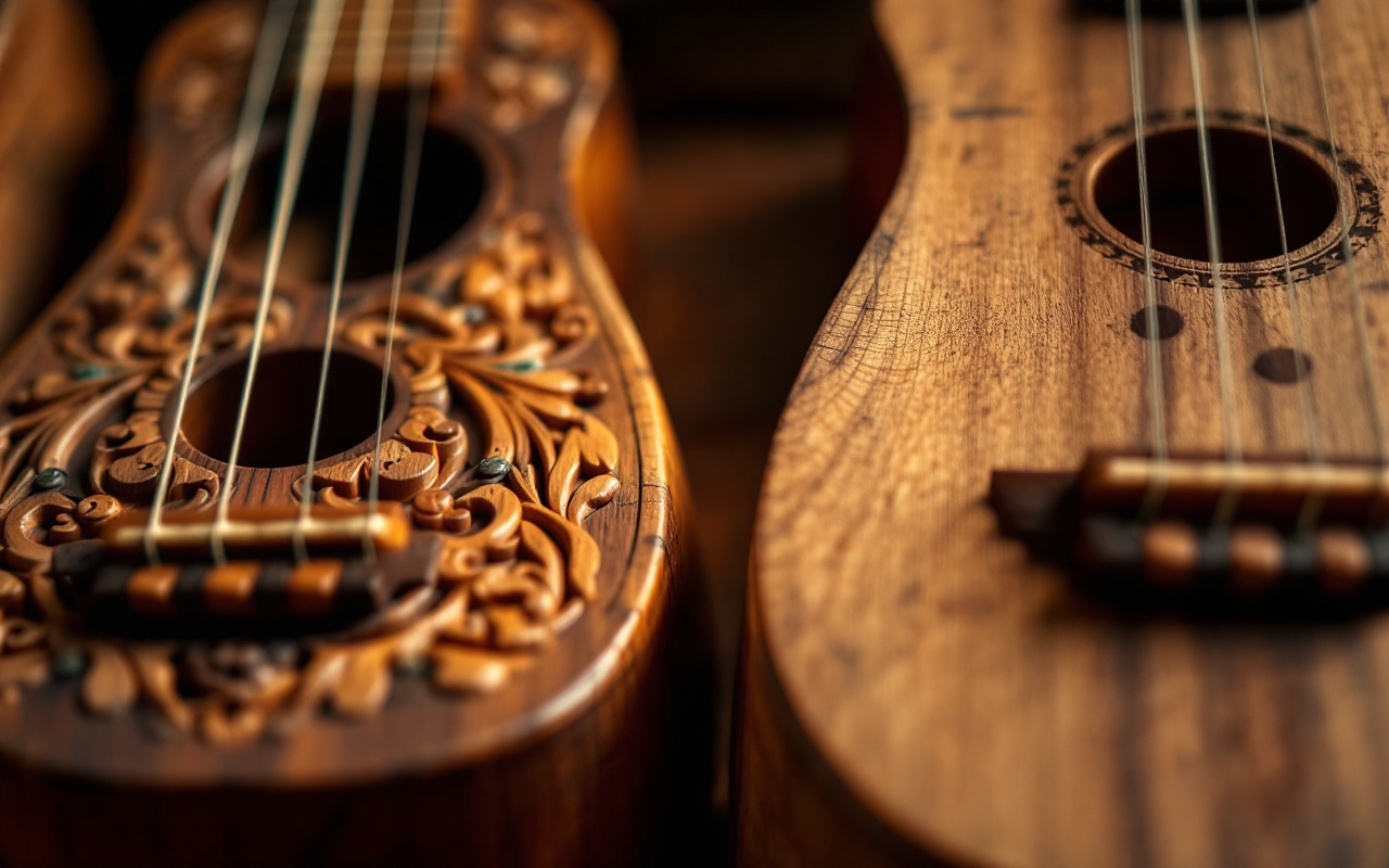 Gros plan sur des instruments en bois faits main, montrant des sculptures d&eacute;taill&eacute;es et des textures, avec un fond flou et des tons chauds qui mettent en valeur le grain du bois.