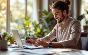Responsable de PME préparant un budget de formation dans un bureau lumineux, avec documents de voyage, ordinateur portable et tableaux financiers.