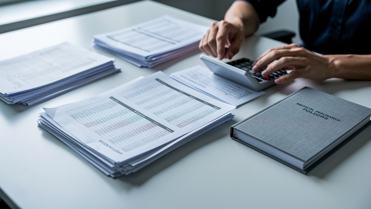 Table de travail moderne avec documents d’audit, feuilles de calcul, dossier de garanties santé et calculatrice, organisée près d’une fenêtre, style photo documentaire réaliste.
