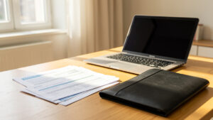 Bureau lumineux et rassurant à Nantes avec documents financiers, ordinateur portable et dossiers bien rangés sur un bureau, ambiance professionnelle.