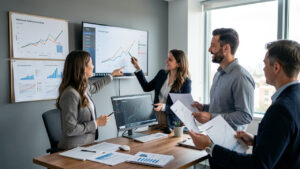 Une équipe marketing réunie dans un bureau moderne, en train d’échanger devant des tableaux de croissance et des écrans d’analyse.