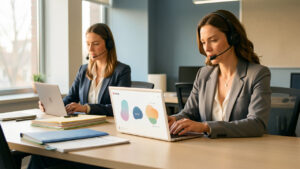 Une consultante concentrée organise simultanément trois missions dans un bureau moderne, avec des dossiers, un ordinateur et un casque téléphonique.