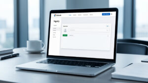 Ordinateur portable affichant un site vitrine professionnel avec très peu de demandes de contact, posé sur un bureau calme et éclairé par une lumière naturelle.