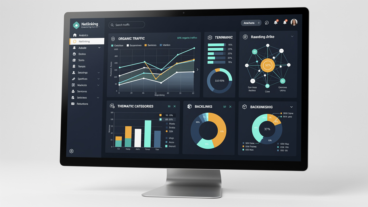 Tableau de bord professionnel présentant des indicateurs visuels de trafic organique, des catégories thématiques de sites, des connexions de liens et une comparaison graphique des prix.
