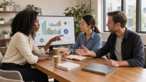 Une équipe composée de deux femmes et d’un homme analyse un tableau de bord marketing visuel dans un bureau moderne et lumineux.